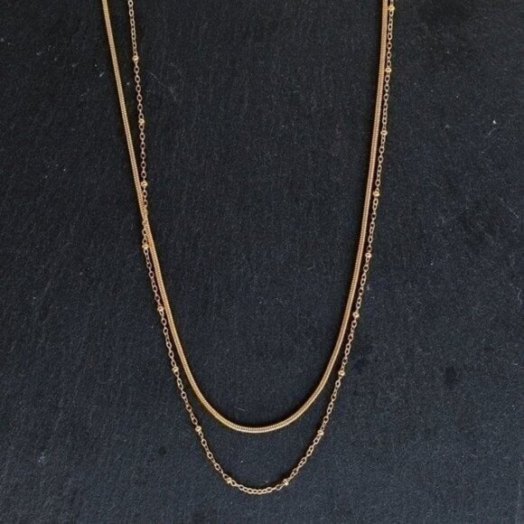 DAINTY DOUBLE layered Necklace Gold Snake chain Gold Beaded Satellite Chain - Picture 3 of 13